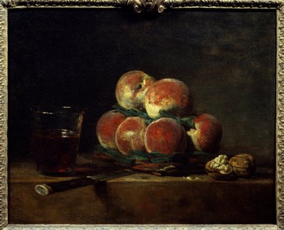 Basket of Peaches with Nuts, Knife, and Glass of Wine by Jean Baptiste Simeon Chardin