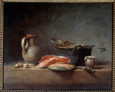 Copper Pot, Skimmer, Jug and Slice of Salmon. Still Life by Jean Baptiste Simeon Chardin