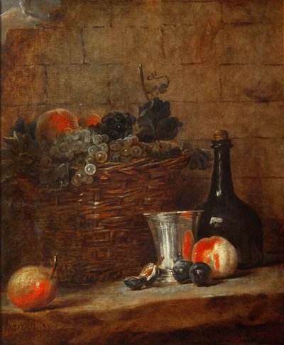 Fruit Basket with Grapes, a Silver Goblet and a Bottle, Peaches, Plums, and a Pear by Jean Baptiste Simeon Chardin