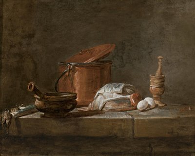 Leeks, a Casserole with a Cloth, a Copper Pot and Cover, an Onion and Eggs with a Pestle and Mortar, on a Stone Ledge by Jean Baptiste Simeon Chardin