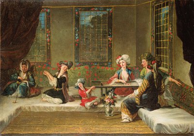 Armenian women embroidering in an interior by Jean Baptiste Vanmour