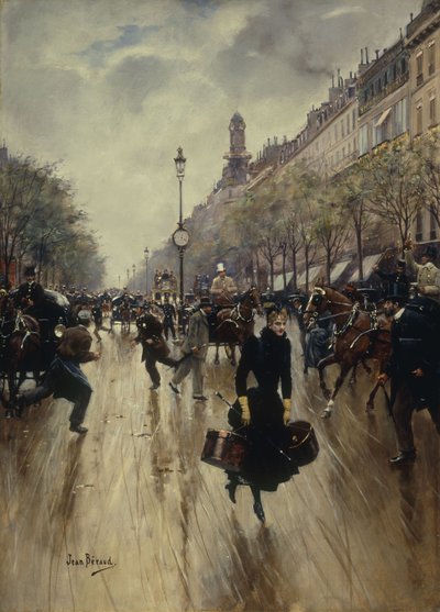Four PM at the Carrefour Drouot and the Grand Boulevard by Jean Beraud