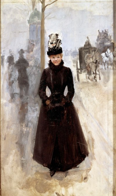 Parisienne on the Boulevard or Woman with Muff by Jean Beraud