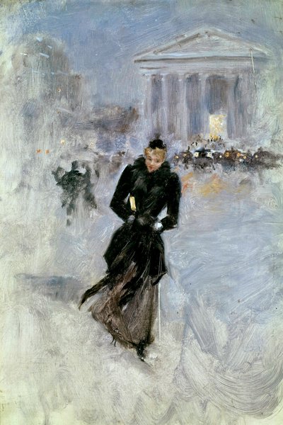 Young Elegant Woman at the Boa in the Rue Royale in Paris by Jean Beraud