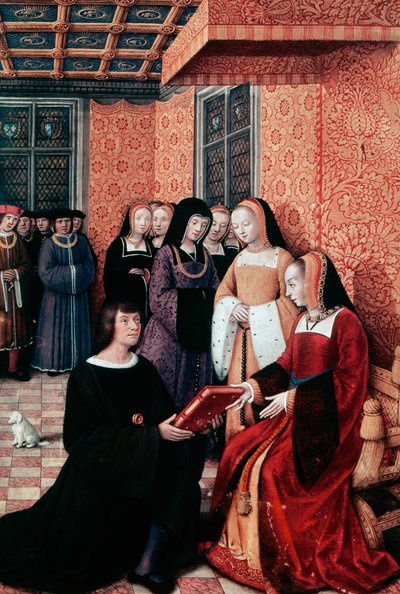 The poet Jean Marot handing over his work Voyage to Genoa to Anne of Brittany, ca 1508, miniature by Jean Bourdichon by Jean Bourdichon