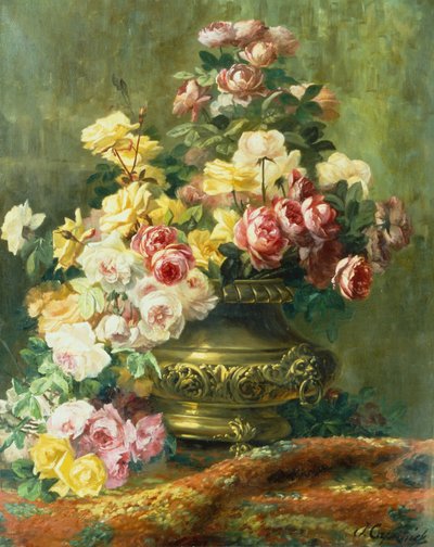 An Opulent Still Life of Roses in a Brass Urn by Jean Capeinick