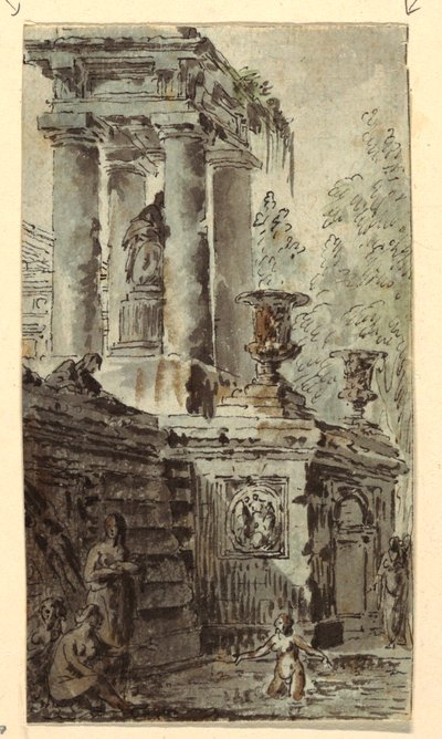 Architectural Fantasy with Figures Bathing by Jean Charles Delafosse