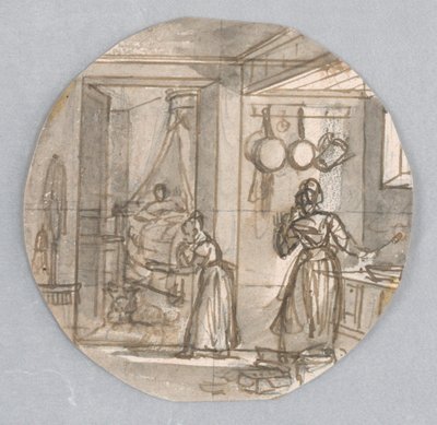 Design for a Painted Porcelain Plate, Kitchen Scene with Rear Bedroom, possibly for the Dessert Service by Jean Charles Develly