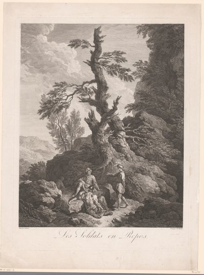 Resting Soldiers by a Tree in a Rocky Landscape by Jean Charles Levasseur