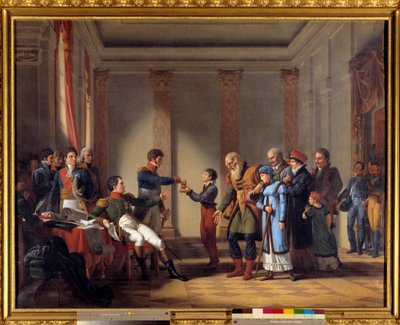 Charity of Emperor Napoleon I (1769-1821) during the Polish campaign in January 1807: Emperor giving a pension of a hundred napoleons to Nerocki, age 117. Painting by John Charles Tardieu (19th century) by Jean Charles Tardieu