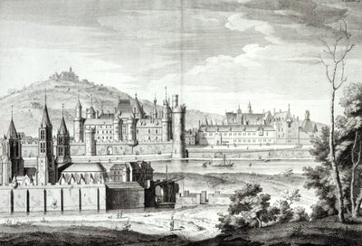 View of the Abbey of Saint-Germain-des-Pres, the Louvre, Petit Bourbon, Montmartre and the Seine in 1410, engraved by Antoine Herisset by Jean Chaufourier
