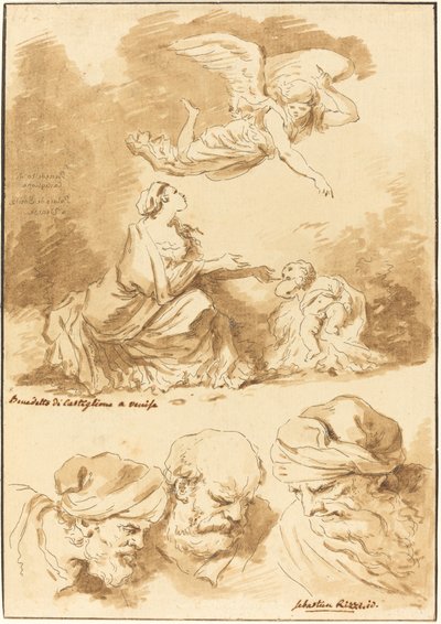 Hagar Consoled by an Angel (from a painting by Castiglione) and Three Heads of Old Men (from a painting by Ricci of Jesus and the Adulteress) by Jean Claude Richard de Saint Non after Jean Honoré Fragonard