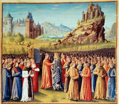 Second Crusade (1147-1149): King Louis VII taking the cross at Vezelay in the presence of Saint Bernard de Clairvaux and the bishop of Versailles on 31/03/1146. Many barons also took the cross by Jean Colombe