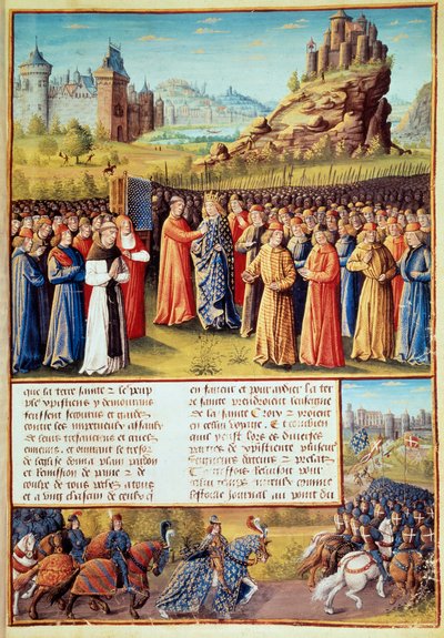 Second Crusade (1147-1149): King Louis VII taking the cross at Vezelay in the presence of Saint Bernard de Clairvaux and the bishop of Versailles on 31/03/1146. Many barons also took the cross by Jean Colombe