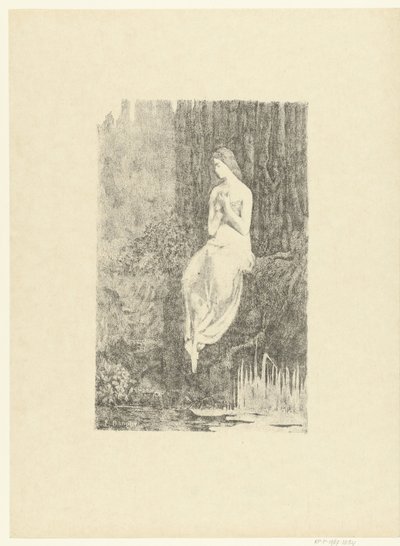 Half-Naked Woman Sitting by Waterside Near Tree (Melancholy) by Jean Danguy