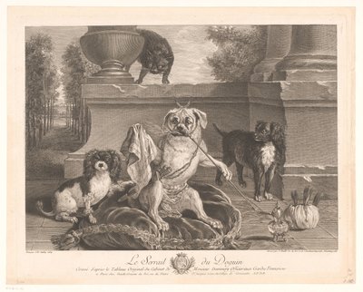 Three Dogs, One Dressed Up, on a Patio (title on object: Le Serrail du Doguin) by Jean Daullé