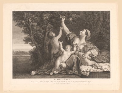 Mother with Child at the Breast While Picking Pomegranates for Her Children. Human Charity. by Jean Daullé