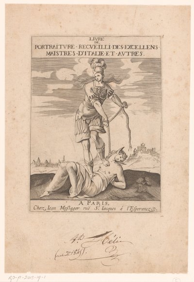Minerva Binding Stupidity with a Rope (Title Page for: s.n., Livre de Portraiture Receuilli des Excellens Maistres d’Italie et Autres, ca. 1627) by Jean Dubrayet