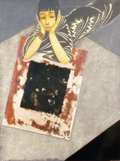 A golden complexioned girl, stretched along the floor and propped up on her elbows by Jean Dunand
