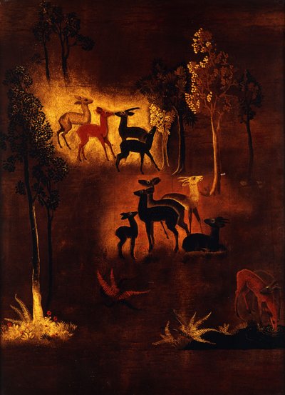 A panel decorated with deer in a wooded landscape by Jean Dunand