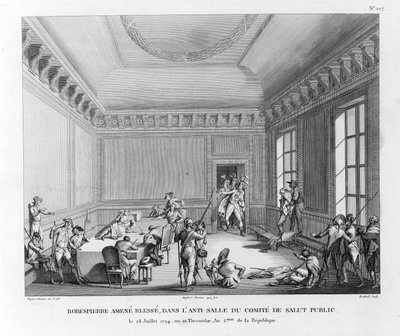 Robespierre wounded, brought into the antechamber of the Committee of Public Safety on July 28, 1794, engraved by Pierre Gabriel Berthault by Jean Duplessi Bertaux