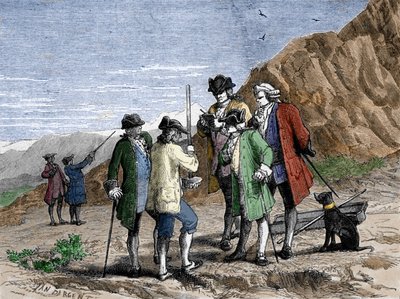 Florin Perier measuring the height Barometer (mercury tube) of Evangelista Torricelli or Toricelli during the experiment on the gravity of the air of Blaise Pascal, at the top of the Puy de Dome (1648). Engraving by Yan Dargent by Jean Edouard Dargent