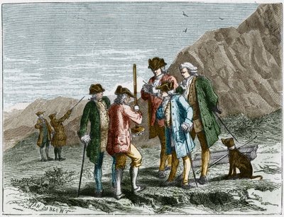 Florin Perier measuring the height of the Barometer (mercury tube) of Evangelista Torricelli during the experiment on the gravity of the air by Blaise Pascal, at the top of the Puy de Dome (1648). Engraving by Yan Dargent by Jean Edouard Dargent