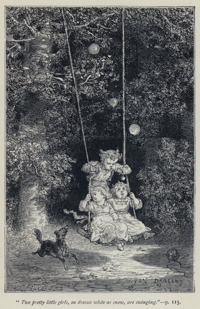 "Two pretty little girls, in dresses white as snow, are swinging" by Jean Edouard Dargent