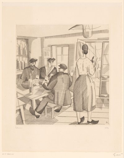 Café Interior with Customers and Waitress (Cabaret Vendéen) by Jean Emile Laboureur (signed by artist)