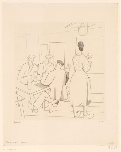 Café Interior with Customers and Waitress by Jean Emile Laboureur (signed by artist)