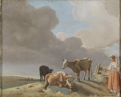 Landscape with Cows, Sheep, and Shepherdess, modified copy after a painting by Paulus Potter, the shepherdess copied from a painting by Karel Dujardin (recto); unfinished portrait of a man (verso) by Jean Étienne Liotard