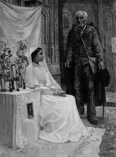 Offer to God. Engraving after the painting by Jean Eugene Buland. 19th century. In The Illustrous World n°1240 of January 1 by Jean Eugene Buland