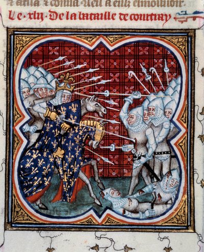 Battle of Kortrijk between Philip IV the Bel and the Flemish so-called Battle of Golden Spurs 11/07/1302 Miniature taken from Les grandes chronicles de France by Jean Fouquet 15th century. Paris, B.N. by Jean Fouquet