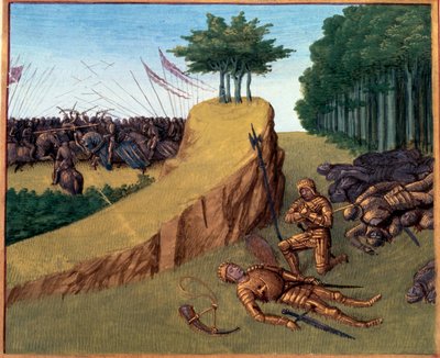 Battle of Roncesvalles (778). Roland died in Roncevaux. Miniature in Grandes Chroniques de France (Folio 113) by Jean Fouquet, BN, Paris by Jean Fouquet