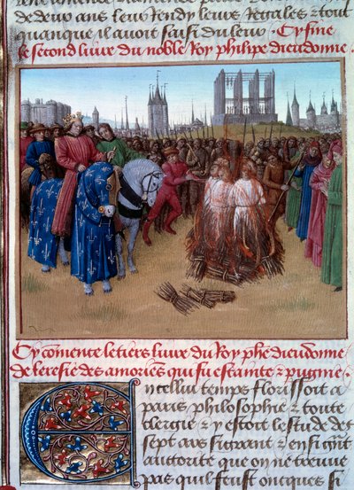 Condemnation and torture of the Amauricians (supporters of Amaury de Chartres) in the presence of Philip II known as Philip Augustus. Manuscript Grandes Chroniques de France (Folio 236) by Jean Fouquet
