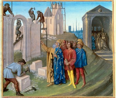 Construction of the palace of Aachen (796-805) by Charlemagne who oversees the construction site. On the right, Pepin the Humpback becoming a monk. Miniature from 