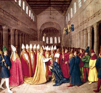 Coronation of Emperor Charlemagne on the 25th December, 800 in Rome by Pope Leo III, illumination from Les Grandes Chroniques de France by Jean Fouquet, c. 1455-1460 by Jean Fouquet