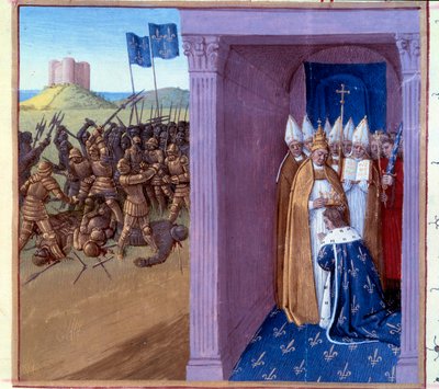 Defeat of Griffon: Fight of Pepin the Short and his brother Griffon. Rings of Pepin the Short to Laon in 754. Miniature in Grandes Chroniques de France (Folio 76) illuminated by Jean Fouquet, Paris, BN by Jean Fouquet