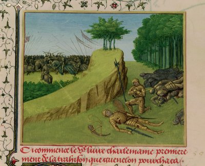 Ms Fr 6465 f.113 The Emperor Charlemagne Finds Roland
