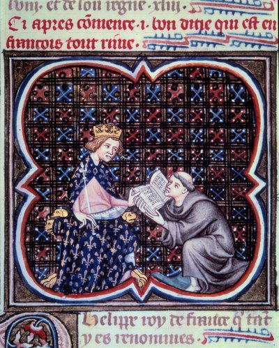Primate presenting the text of the great chronicles of France to Philip III. Miniature from the manuscript by Jean Fouquet 