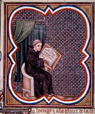 Primate writing the great chronicles of France at the abbey of Saint Denis. Miniature from the manuscript by Jean Fouquet Grandes Chroniques de France. Paris, BN by Jean Fouquet