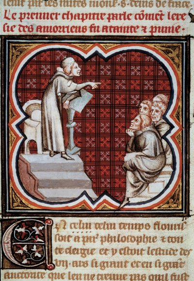 The French philosopher and theologian Amaury de Chartres (or Amaury de Bene or Amalricus de Bene) in front of his disciples (the Amauricians). Miniature from Les Grandes Chronicles de France illuminated by Jean Fouquet by Jean Fouquet