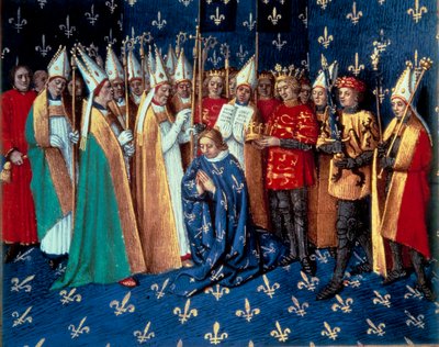 The coronation of Philippe Auguste in Reims on 1/11/1179. Miniature from Chronicles of Saint Denis by Jean Fouquet (1420-1481) by Jean Fouquet