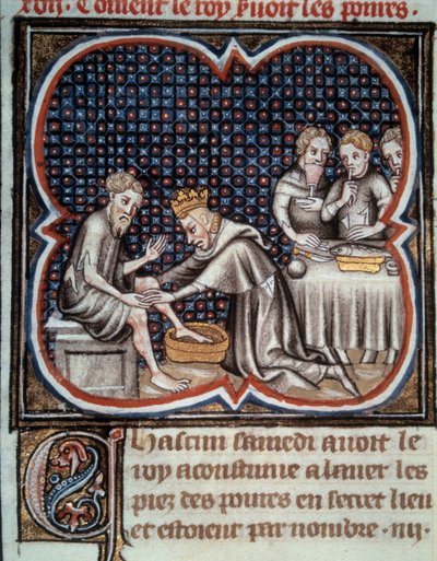 The foot of King Louis IX (Saint Louis): he gives food and washes the feet of the poor. Miniature from the manuscript “Les Grandes Chronicles de France” by Jean Fouquet by Jean Fouquet