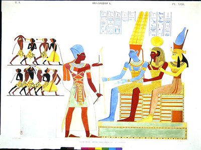 A Pharaoh in Military Costume Offers a Group of Prisoners to the Gods Amon, Khonsu, and Mut by Jean Francois Champollion