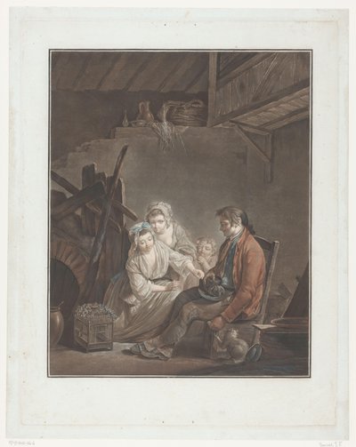 Two Women and a Child with a Man Hiding a Bird by Jean Francois Janinet