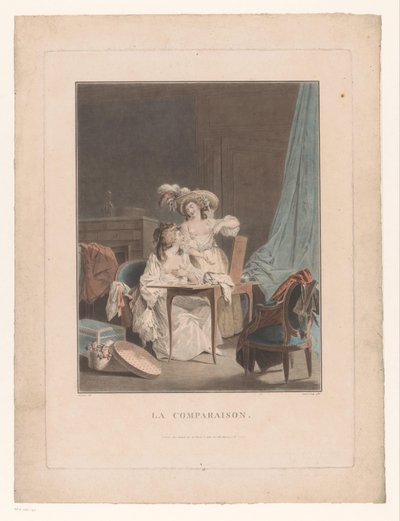 Two Women with Bare Breasts in Front of a Mirror by Jean Francois Janinet