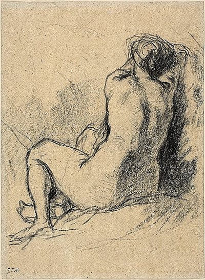 Study: Nude Woman Seen from the Back (recto) Sketches of Peasants Working (verso) by Jean Francois Millet
