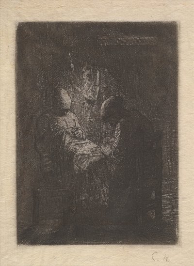 Two Women Sewing by Lamplight, ca. 1853 by Jean Francois Millet