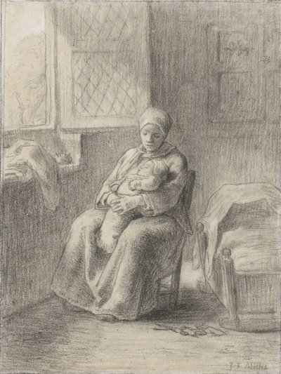 Seated Woman with Baby by an Open Window by Jean Francois Millet